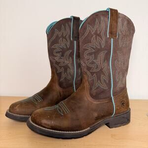 Ariat Delilah Round Toe Western Boot Womens 8B Brown Leather Teal Stitch Cowgirl